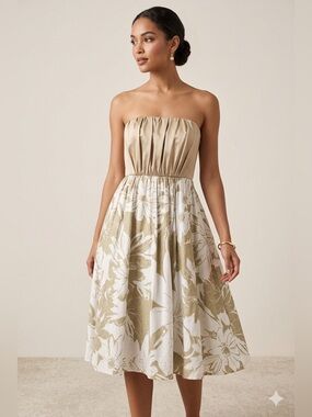 Darlin Strapless Floral Fit & Flare Mini Dress - Tan/Champagne & White